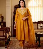 Mustard color beautiful vichitra silk fabric designer ceremonial readymade suit