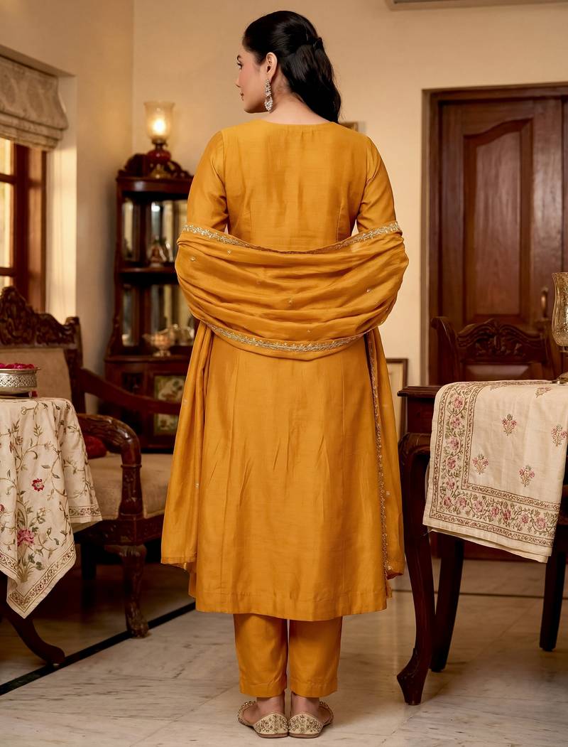 Mustard color beautiful vichitra silk fabric designer ceremonial readymade suit