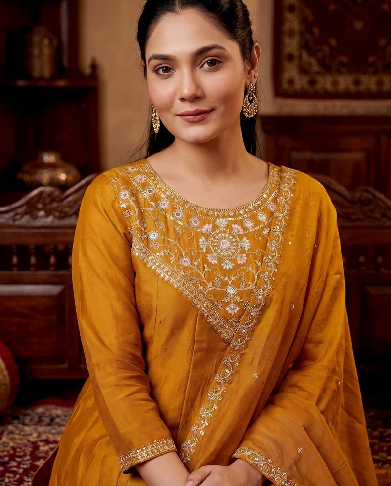 Mustard color beautiful vichitra silk fabric designer ceremonial readymade suit