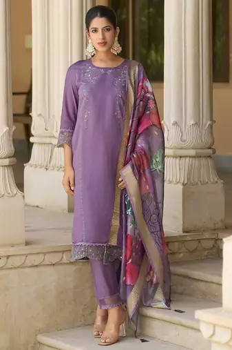 Lavender color silk blend fabric designer embroidery work sophisticated girlie salwar kameez