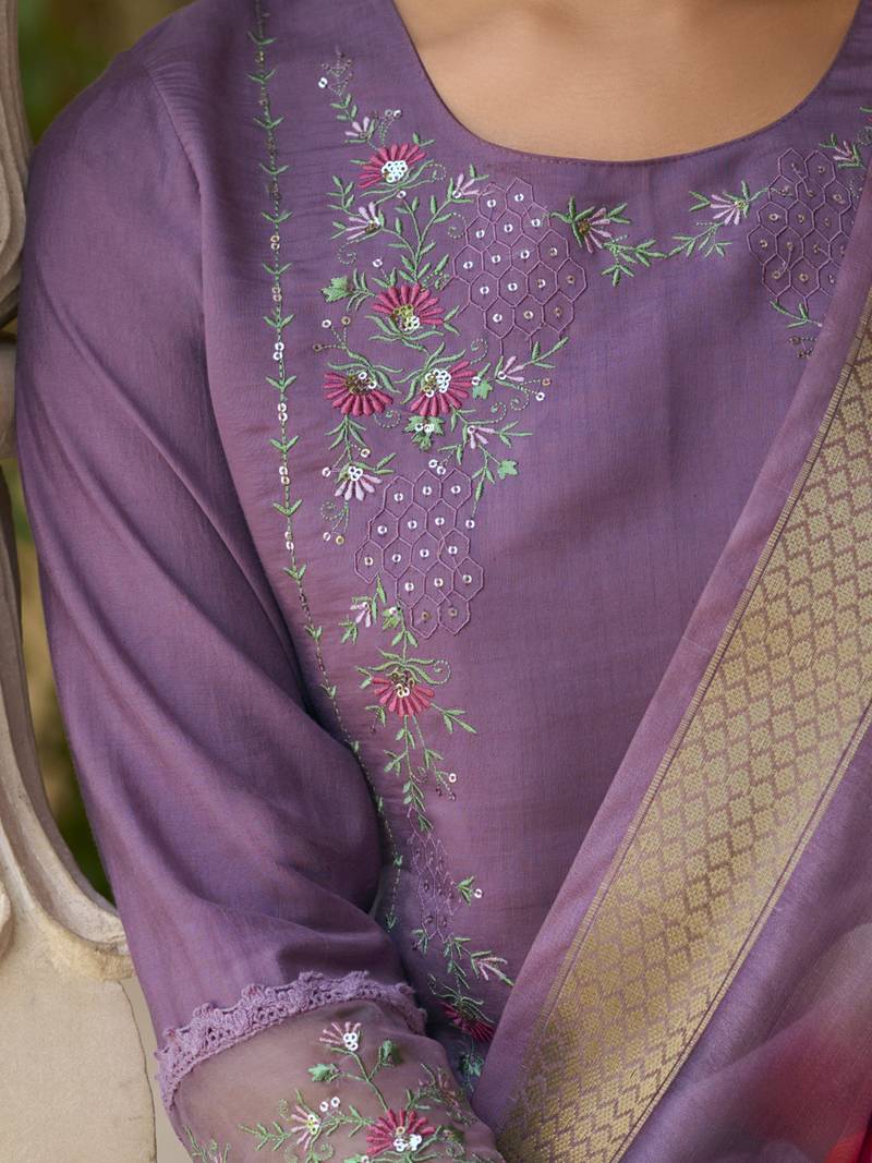 Lavender color silk blend fabric designer embroidery work sophisticated girlie salwar kameez
