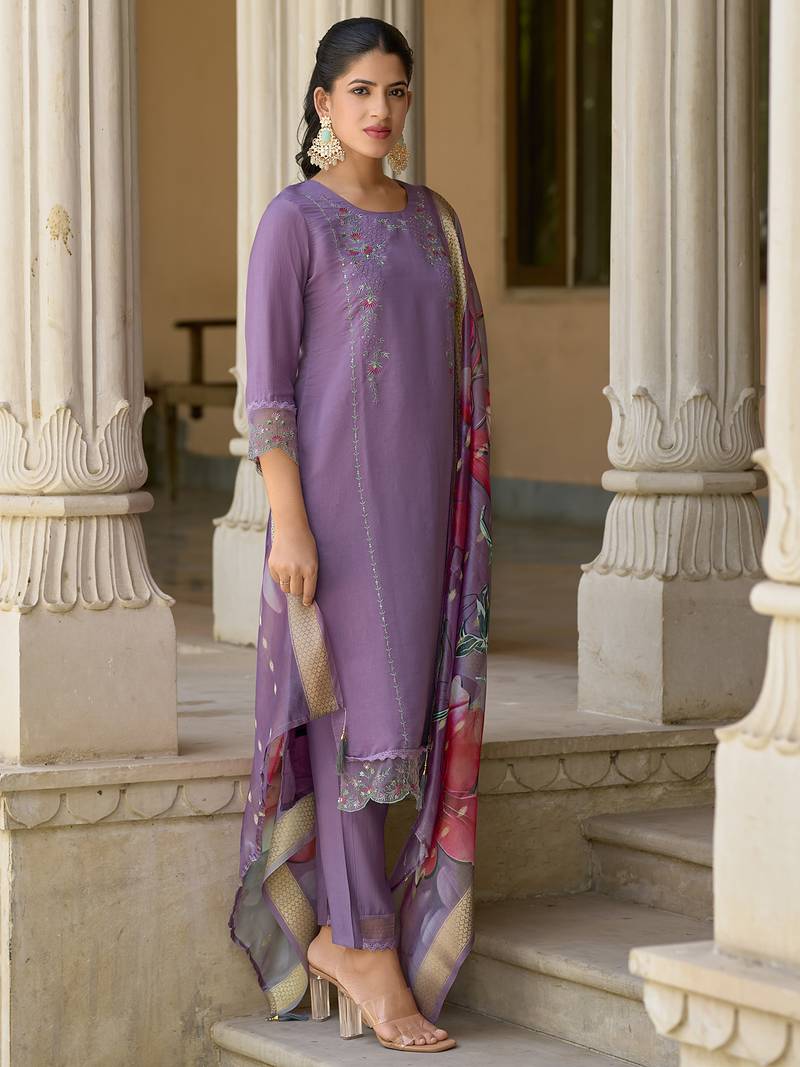 Lavender color silk blend fabric designer embroidery work sophisticated girlie salwar kameez