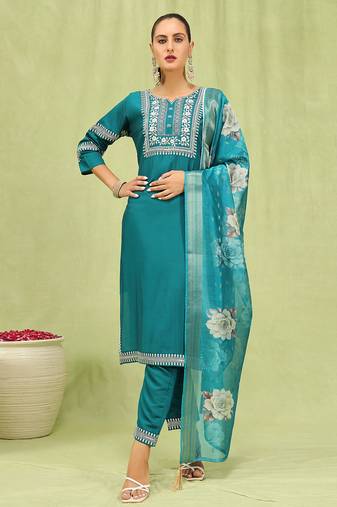 Rama color viscose roman silk fabric designer embroidery work sophisticated girlie salwar kameez