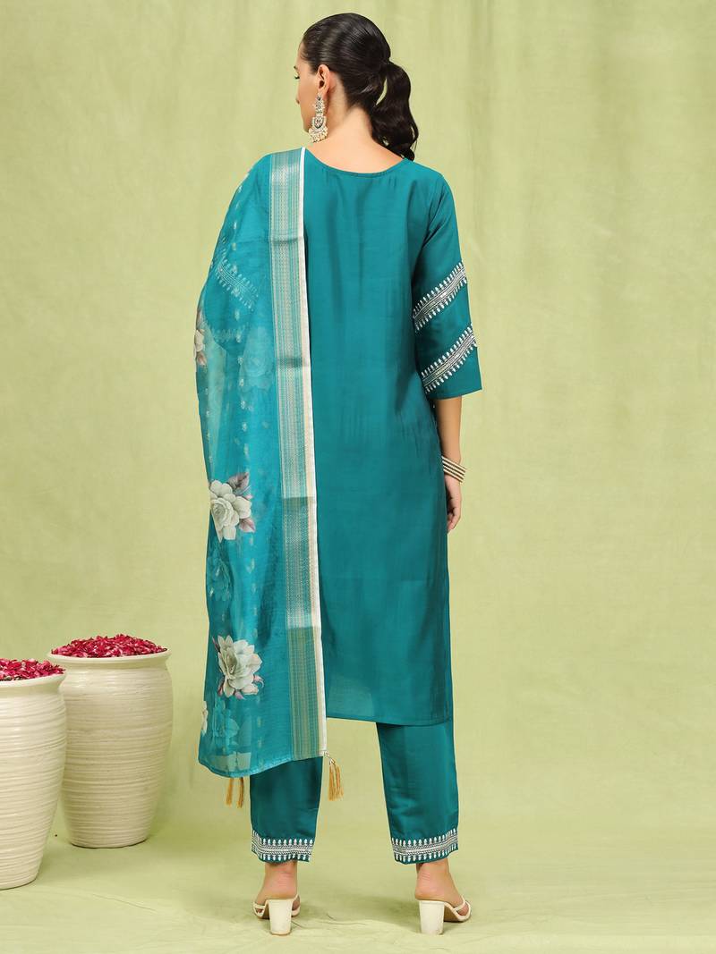 Rama color viscose roman silk fabric designer embroidery work sophisticated girlie salwar kameez