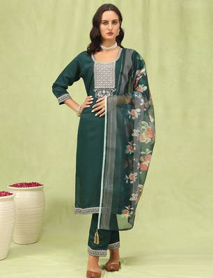 Green color viscose roman silk embroidery sophisticated salwar kameez 1