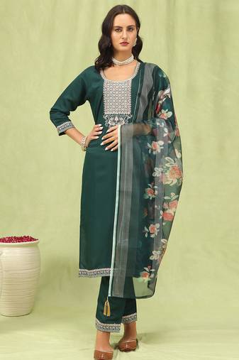Green color viscose roman silk fabric designer embroidery work sophisticated girlie salwar kameez