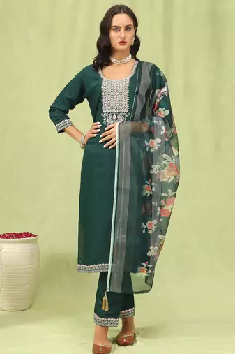 Green color viscose roman silk fabric designer embroidery work sophisticated girlie salwar kameez
