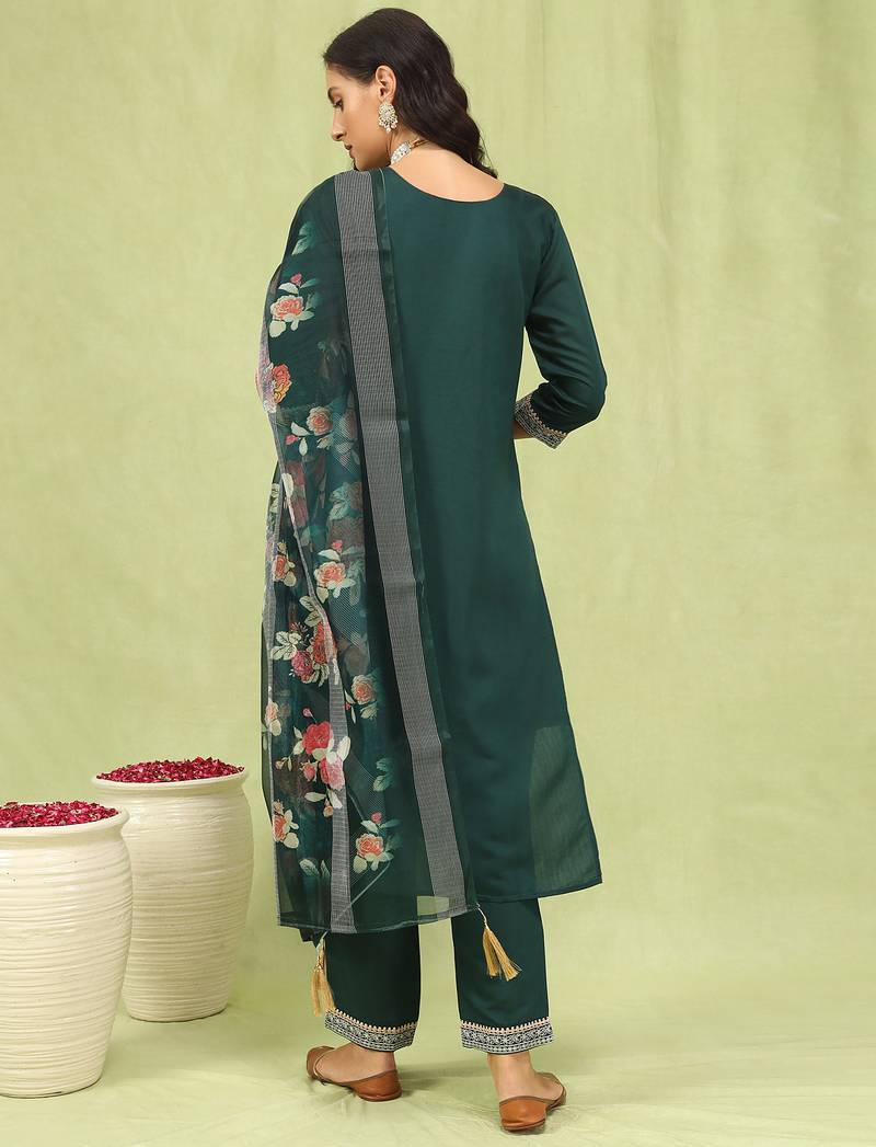 Green color viscose roman silk fabric designer embroidery work sophisticated girlie salwar kameez