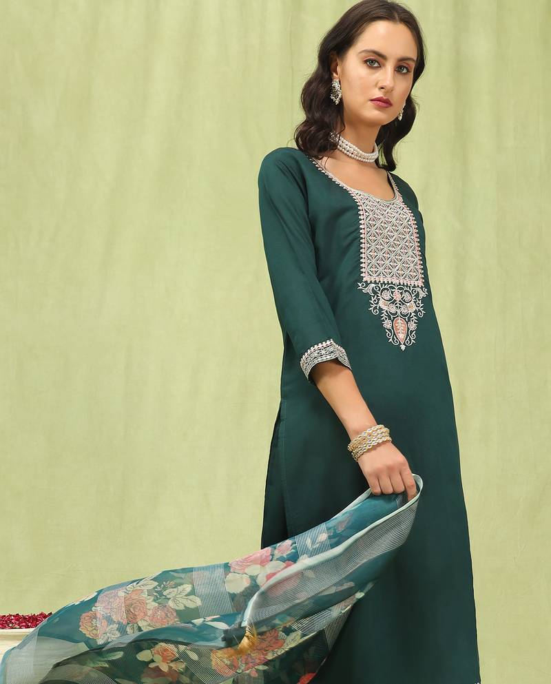 Green color viscose roman silk fabric designer embroidery work sophisticated girlie salwar kameez