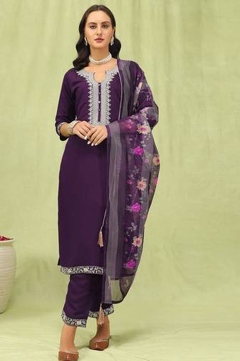 Purple color viscose roman silk fabric designer embroidery work sophisticated girlie salwar kameez