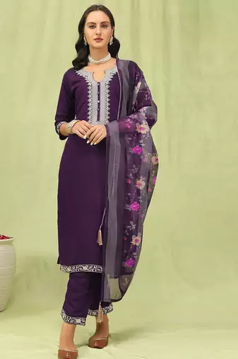 Purple color viscose roman silk fabric designer embroidery work sophisticated girlie salwar kameez