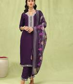 Purple color viscose roman silk fabric designer embroidery work sophisticated girlie salwar kameez