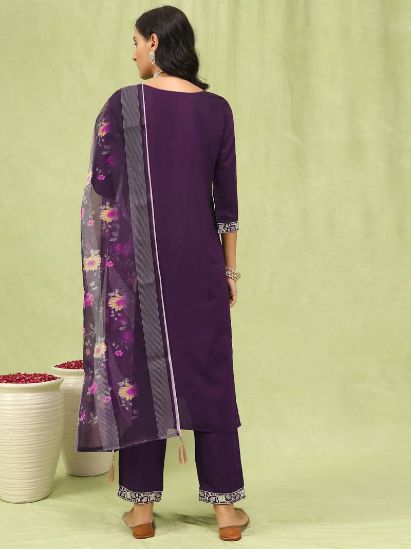 Purple color viscose roman silk fabric designer embroidery work sophisticated girlie salwar kameez