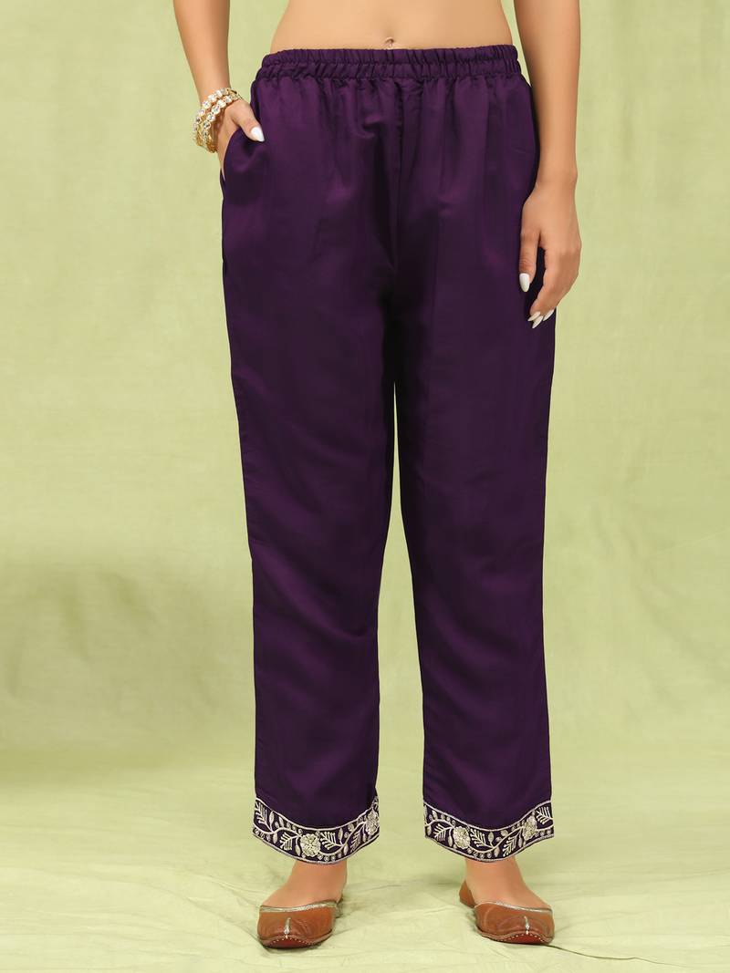 Purple color viscose roman silk fabric designer embroidery work sophisticated girlie salwar kameez