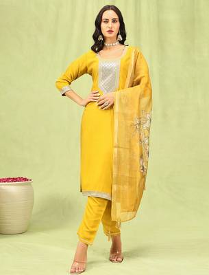Yellow color viscose roman silk embroidery sophisticated salwar kameez 1