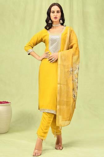 Yellow color viscose roman silk fabric designer embroidery work sophisticated girlie salwar kameez