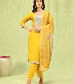 Yellow color viscose roman silk fabric designer embroidery work sophisticated girlie salwar kameez
