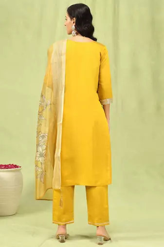 Yellow color viscose roman silk embroidery sophisticated salwar kameez