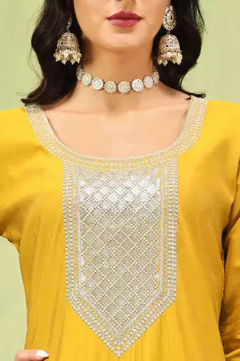 Yellow color viscose roman silk embroidery sophisticated salwar kameez