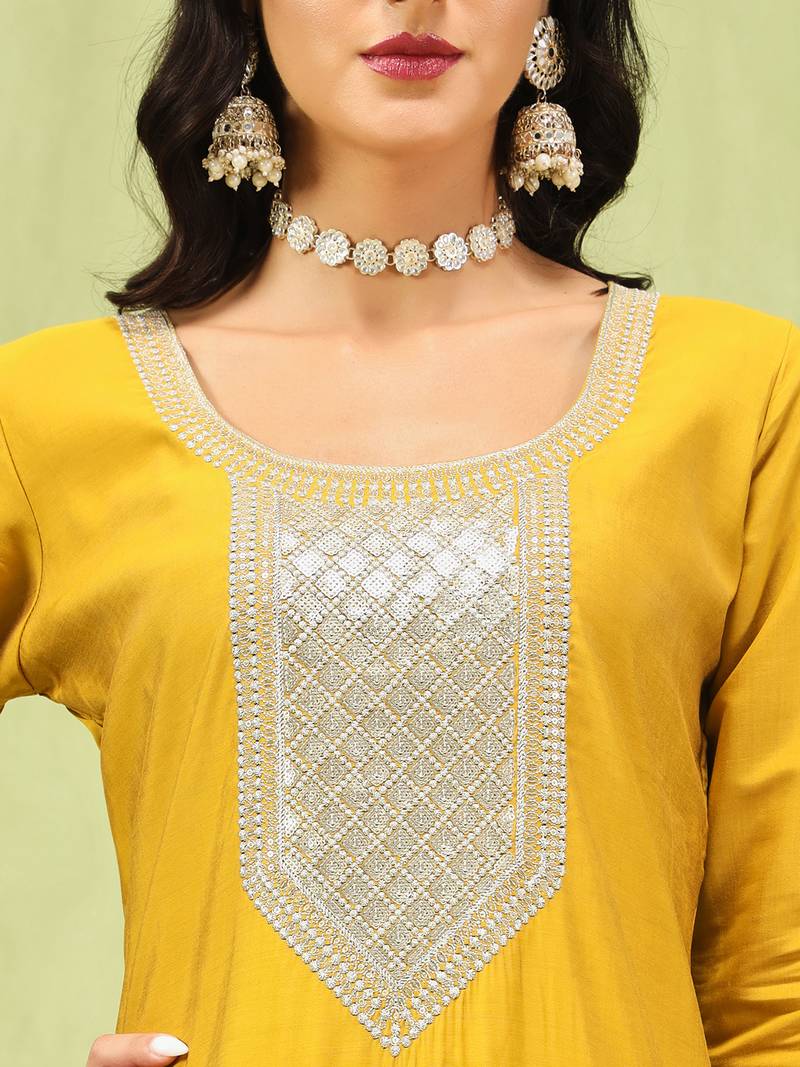 Yellow color viscose roman silk fabric designer embroidery work sophisticated girlie salwar kameez