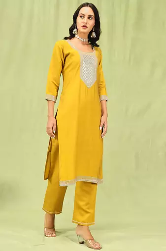 Yellow color viscose roman silk embroidery sophisticated salwar kameez