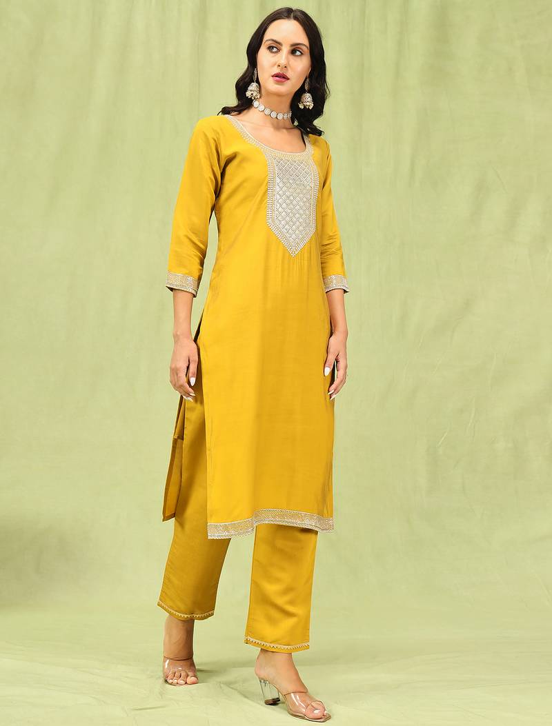 Yellow color viscose roman silk fabric designer embroidery work sophisticated girlie salwar kameez