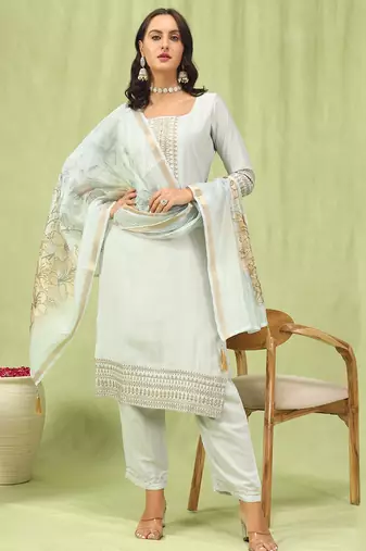 Grey color viscose roman silk fabric designer embroidery work sophisticated girlie salwar kameez