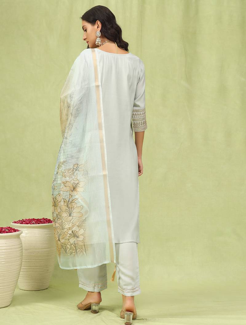 Grey color viscose roman silk fabric designer embroidery work sophisticated girlie salwar kameez