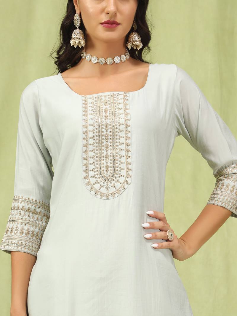 Grey color viscose roman silk fabric designer embroidery work sophisticated girlie salwar kameez