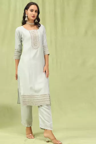 Grey color viscose roman silk embroidery sophisticated salwar kameez