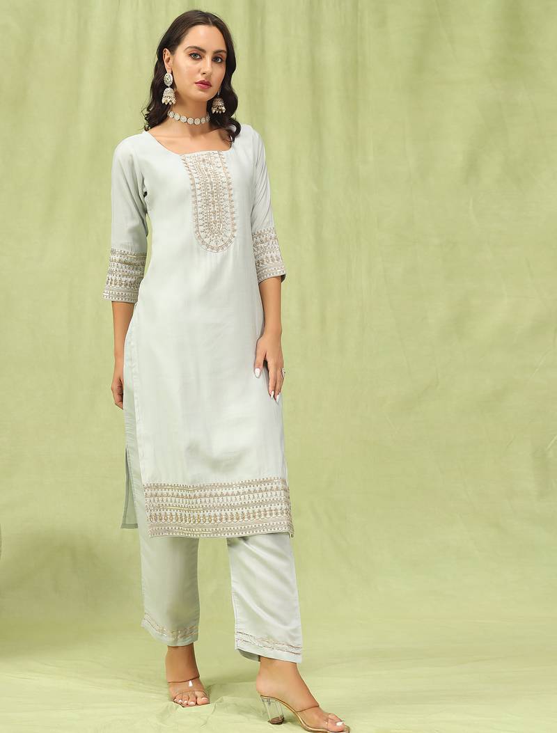 Grey color viscose roman silk fabric designer embroidery work sophisticated girlie salwar kameez