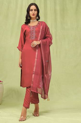 Peach color viscose roman silk fabric designer embroidery work sophisticated girlie salwar kameez