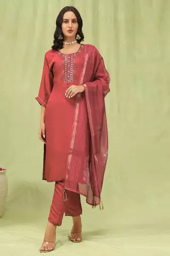 Peach color viscose roman silk fabric designer embroidery work sophisticated girlie salwar kameez