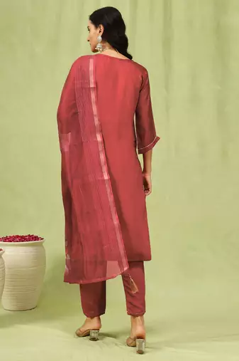 Peach color viscose roman silk embroidery sophisticated salwar kameez