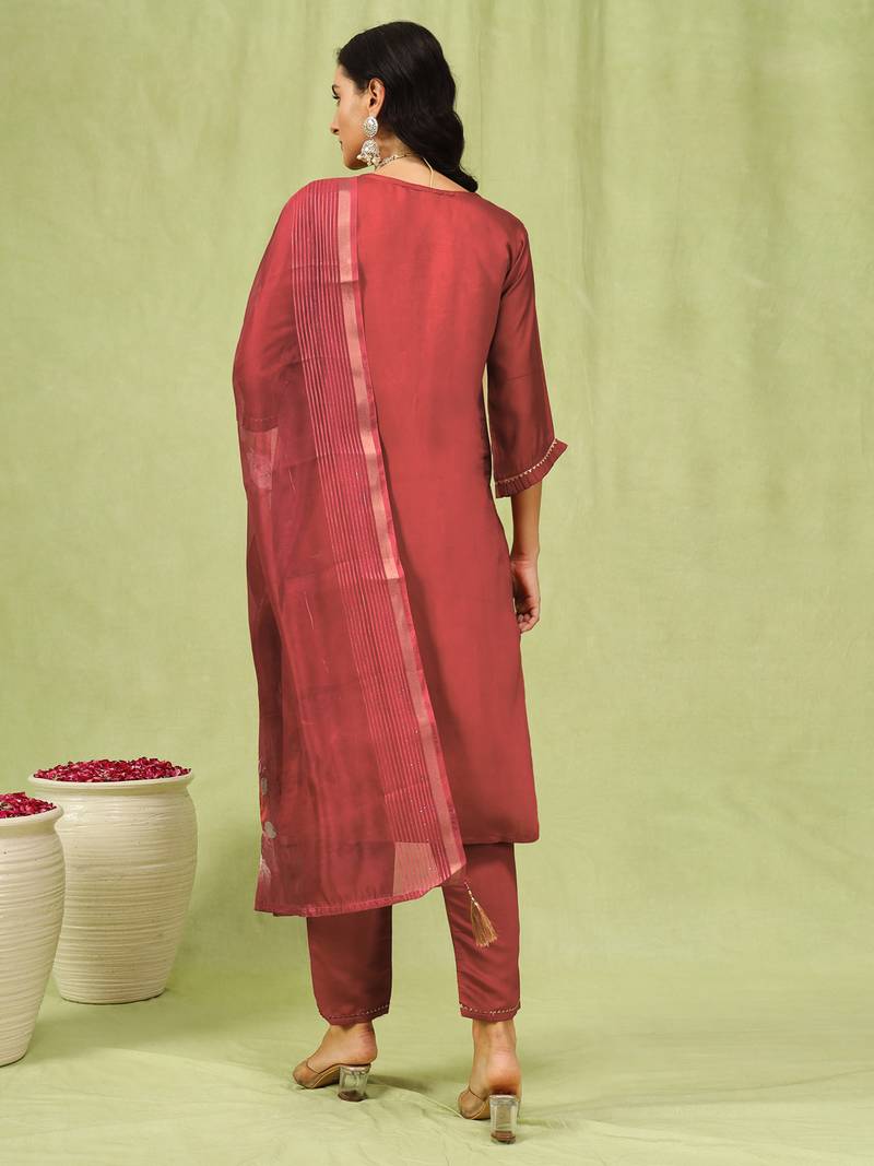 Peach color viscose roman silk fabric designer embroidery work sophisticated girlie salwar kameez