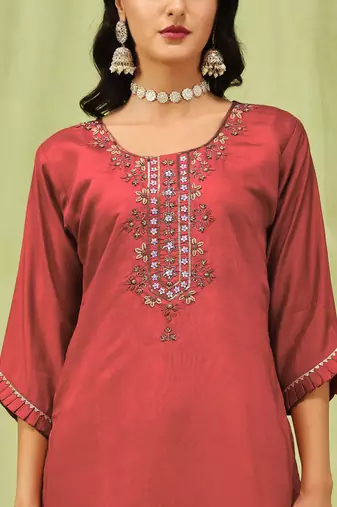 Peach color viscose roman silk embroidery sophisticated salwar kameez