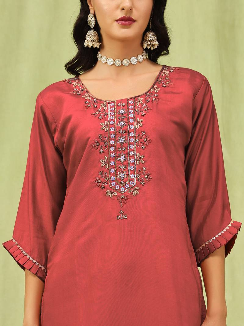 Peach color viscose roman silk fabric designer embroidery work sophisticated girlie salwar kameez