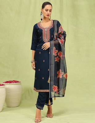 Blue color viscose roman silk embroidery sophisticated salwar kameez 1