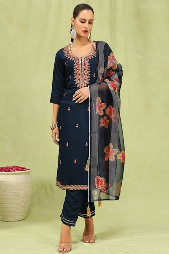 Blue color viscose roman silk fabric designer embroidery work sophisticated girlie salwar kameez