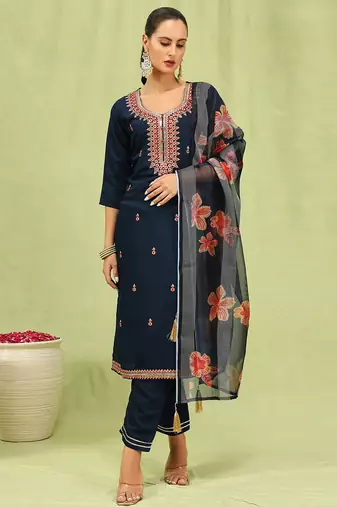 Blue color viscose roman silk fabric designer embroidery work sophisticated girlie salwar kameez