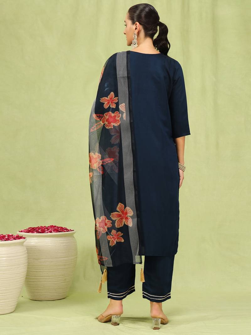 Blue color viscose roman silk fabric designer embroidery work sophisticated girlie salwar kameez