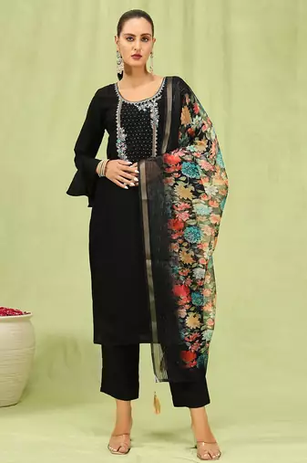 Black color viscose roman silk fabric designer embroidery work sophisticated girlie salwar kameez
