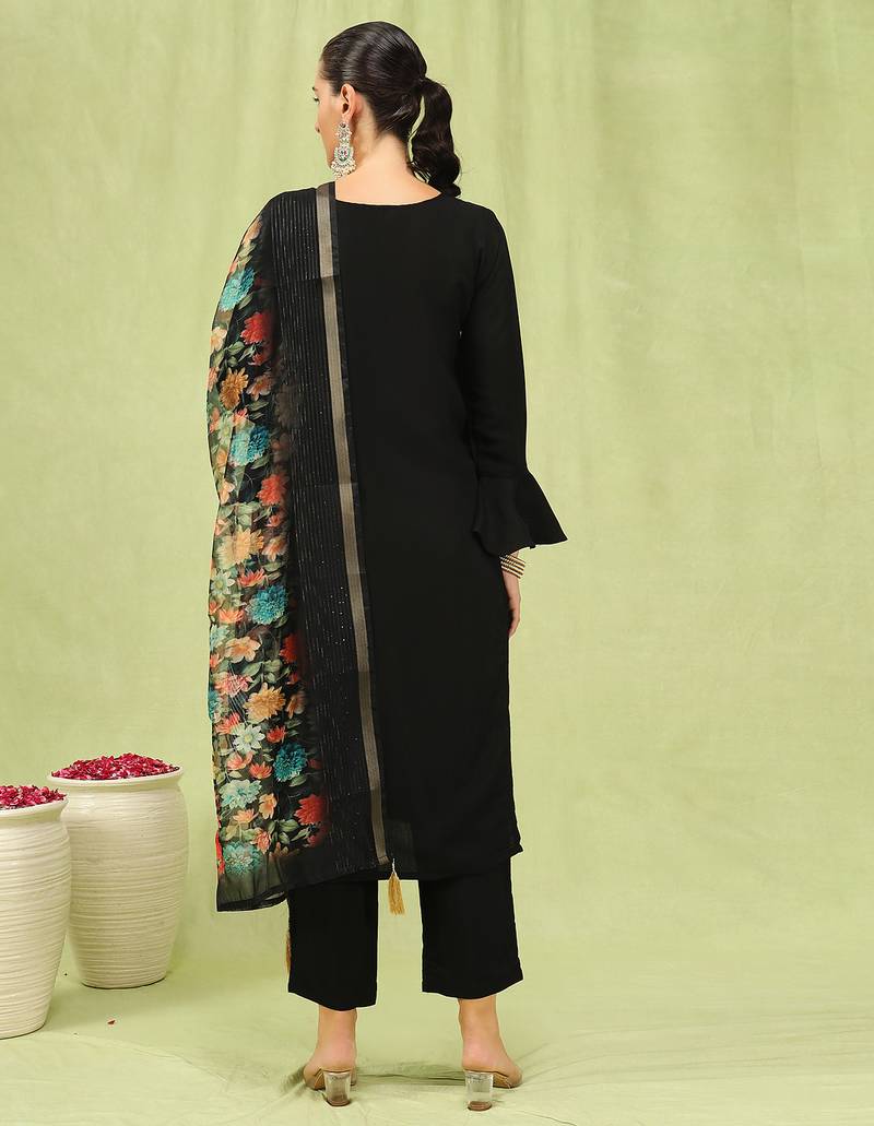 Black color viscose roman silk fabric designer embroidery work sophisticated girlie salwar kameez