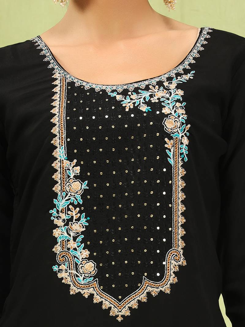 Black color viscose roman silk fabric designer embroidery work sophisticated girlie salwar kameez