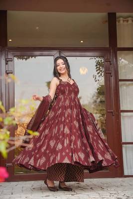 Brown color muslin printed readymade ceremonial palazzo dress 1