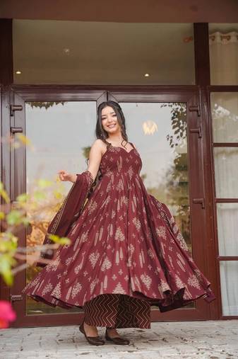 Brown color muslin fabric designer printed readymade ceremonial palazzo dress