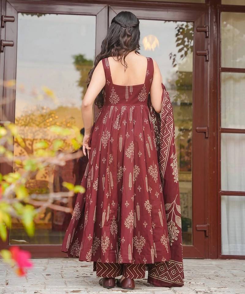 Brown color muslin fabric designer printed readymade ceremonial palazzo dress