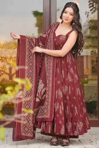 Brown color muslin printed readymade ceremonial palazzo dress