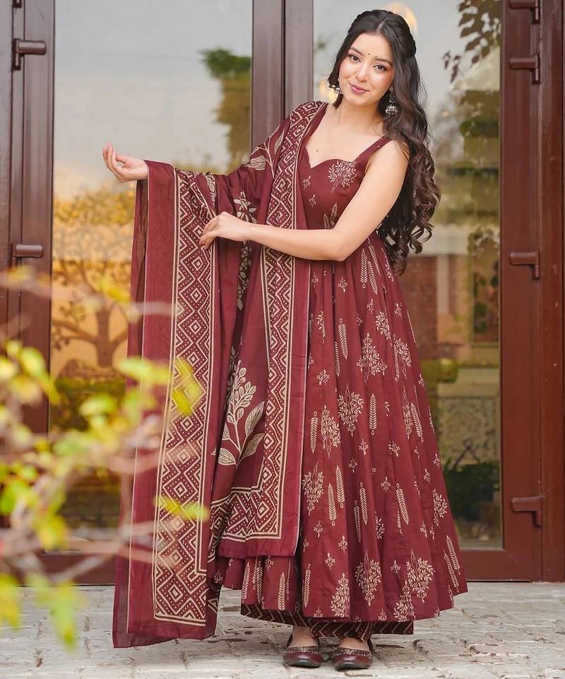 Brown color muslin fabric designer printed readymade ceremonial palazzo dress