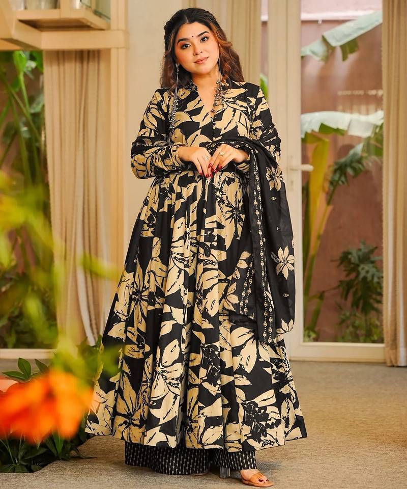 Black color muslin fabric designer printed readymade ceremonial palazzo dress